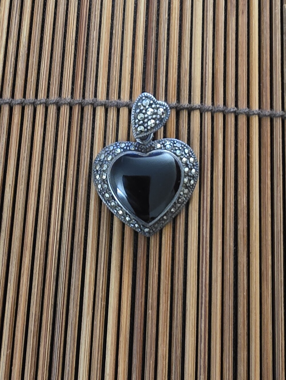 925 Silver Onyx, Marcasite Heart Pendant (Vintage)